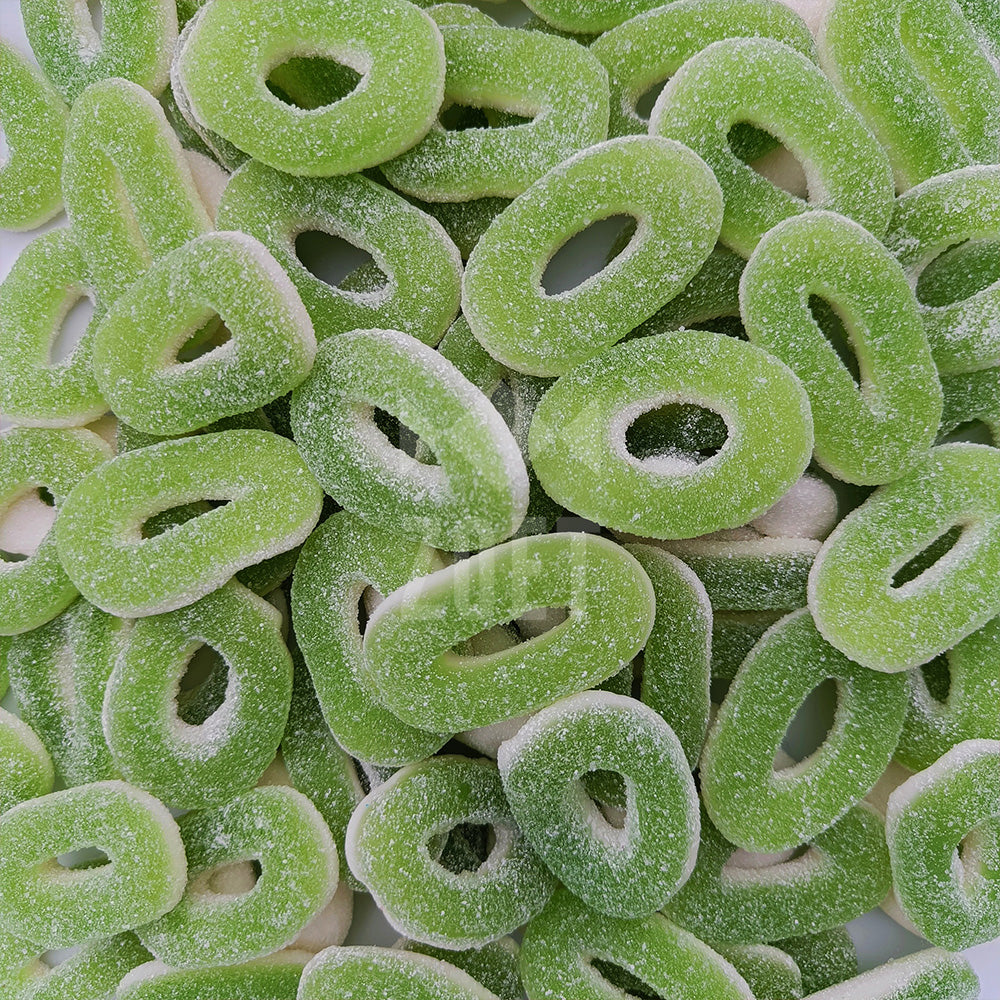 Groene appelringen van Trolli met zure suikerlaag en frisse appelsmaak